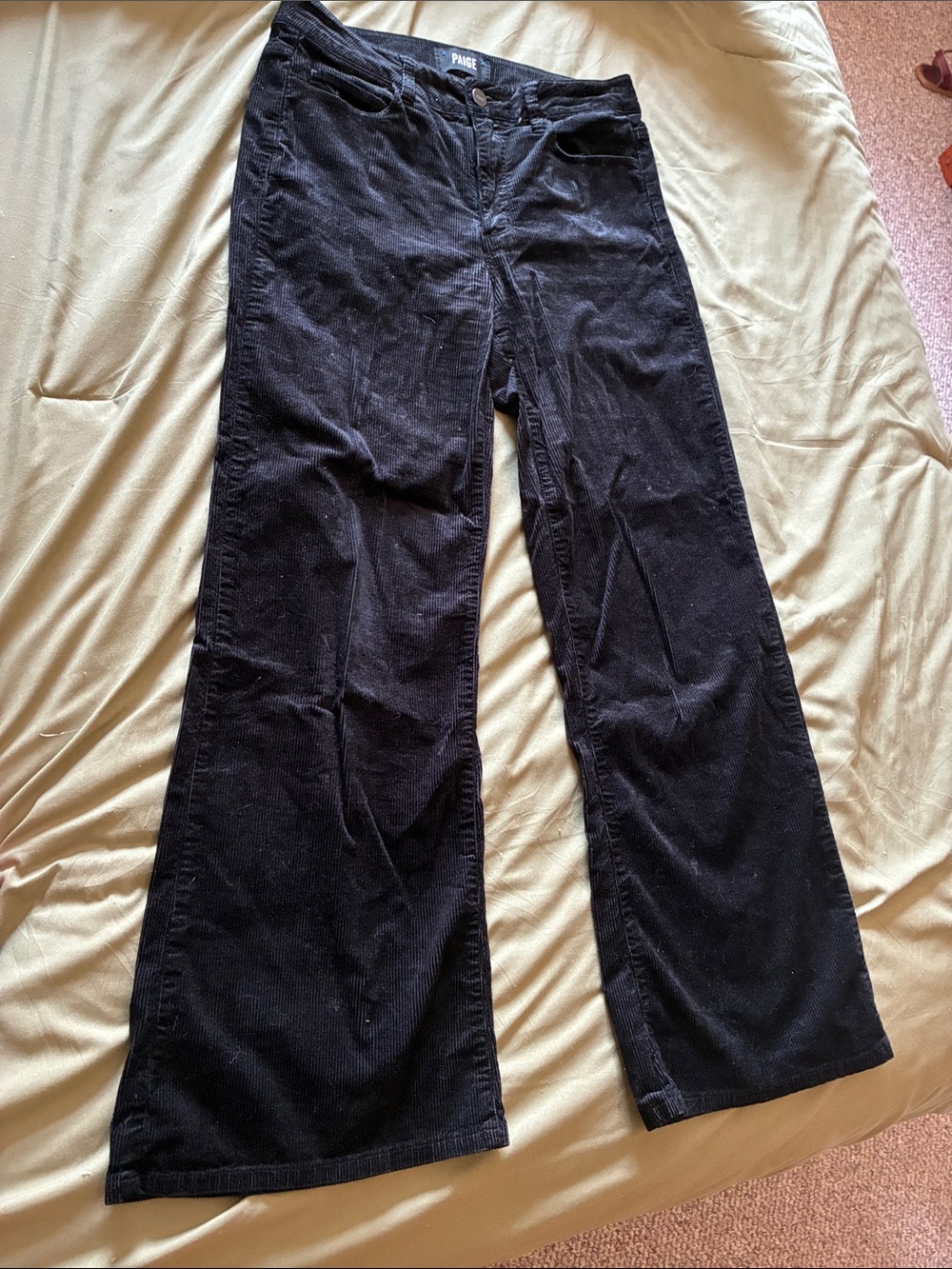PAIGE Black Corduroy Boot Cut Pants, Mid-Rise